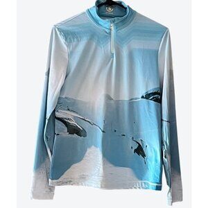 Bogner Womens Size 8 Long Sleeve 1/4 Zip Graphic Top Light Blue White Black